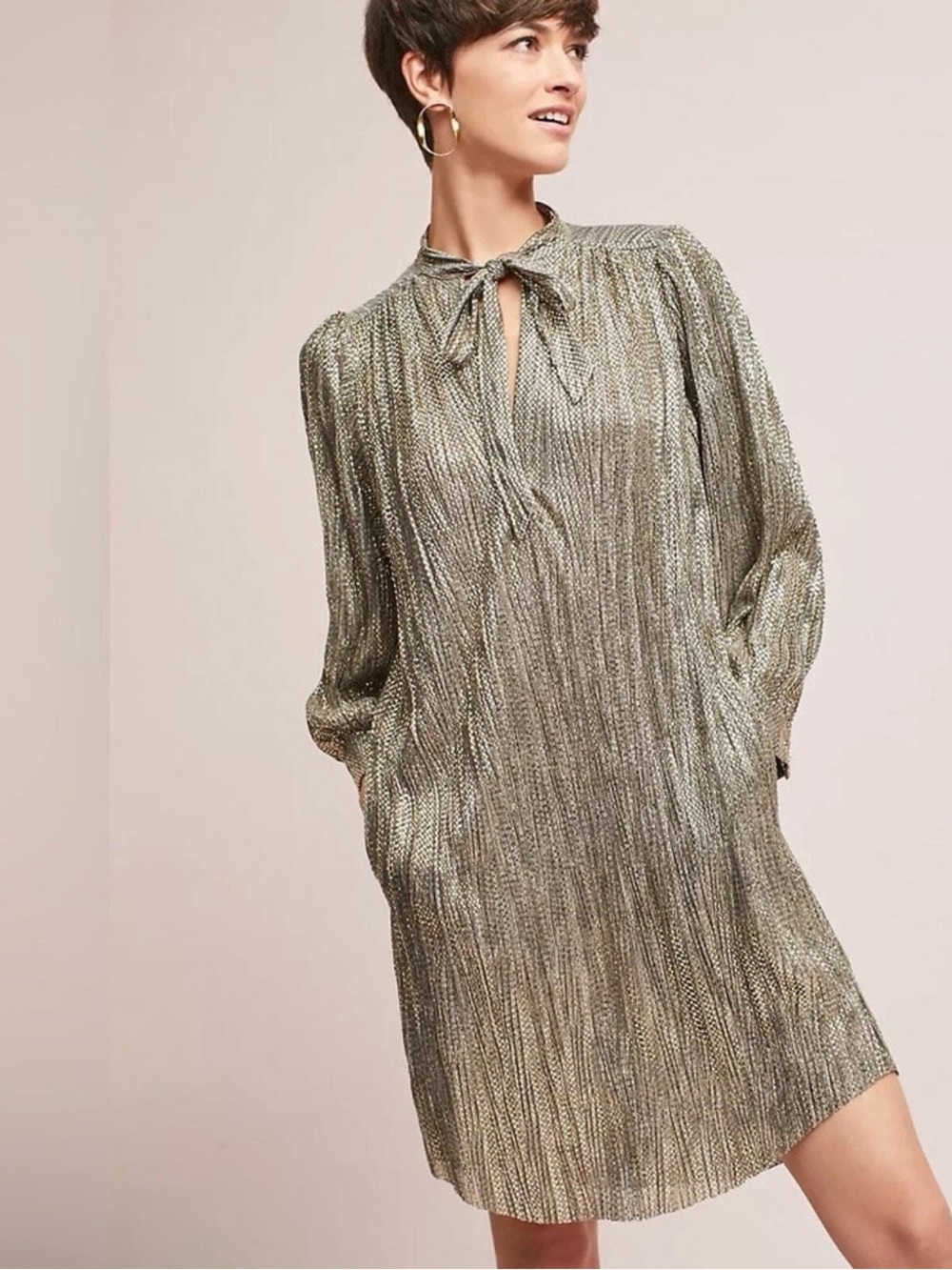 Sabina Musáyev Metallic Gold Checkered Tie-Neck Shift Dress Sz M